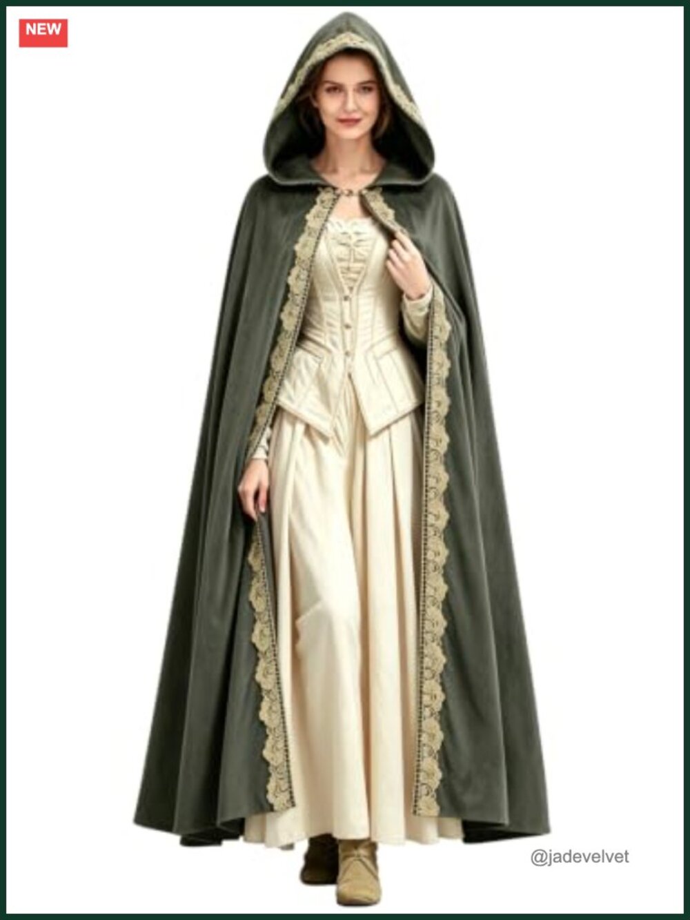 Medieval Hooded Cloak Lace Trim Renaissance Halloween Costume Cape
